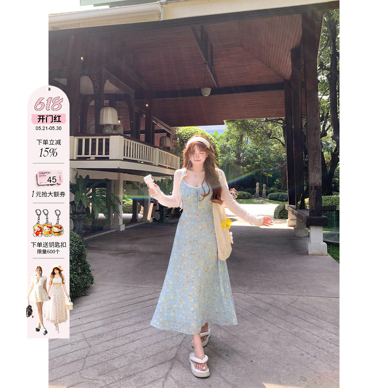 安妮不火 温柔系蕾丝花边雪纺碎花连衣裙女微胖大码收腰裙子套装