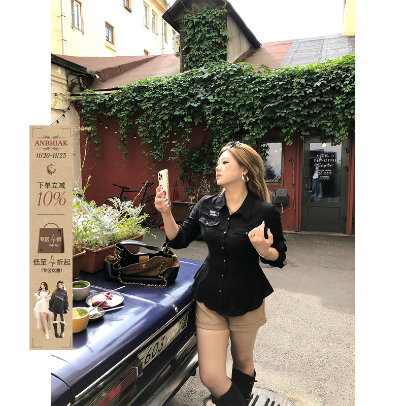 安妮不火 末日打歌服肌理感褶皱衬衫女秋微胖大码收腰五分袖衬衫