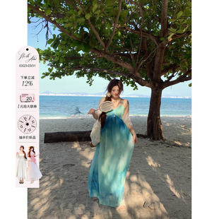 度假风连衣长裙 海岛风晕染雪纺吊带裙微胖大码 安妮不火 青溪泛玉