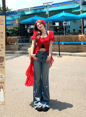 安妮不火度假风开叉红色连衣裙女2024夏季新款微胖大码不规则裙子