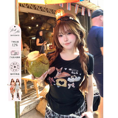 安妮不火 少女心ins风印花缩褶收腰针织T恤女微胖大码收腰小上衣