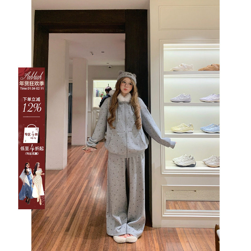安妮不火 星星印花银狐绒连帽外套&长裤女微胖大码休闲卫衣两件套,女装/女士精品,时尚套装,淘宝优惠券,粉丝福利购,淘宝优惠卷