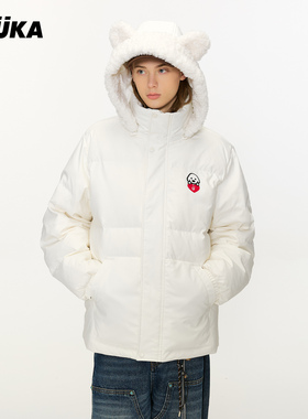 GUUKA高充绒熊耳朵连帽外套宽松 matsui联名白色小狗情侣羽绒服男
