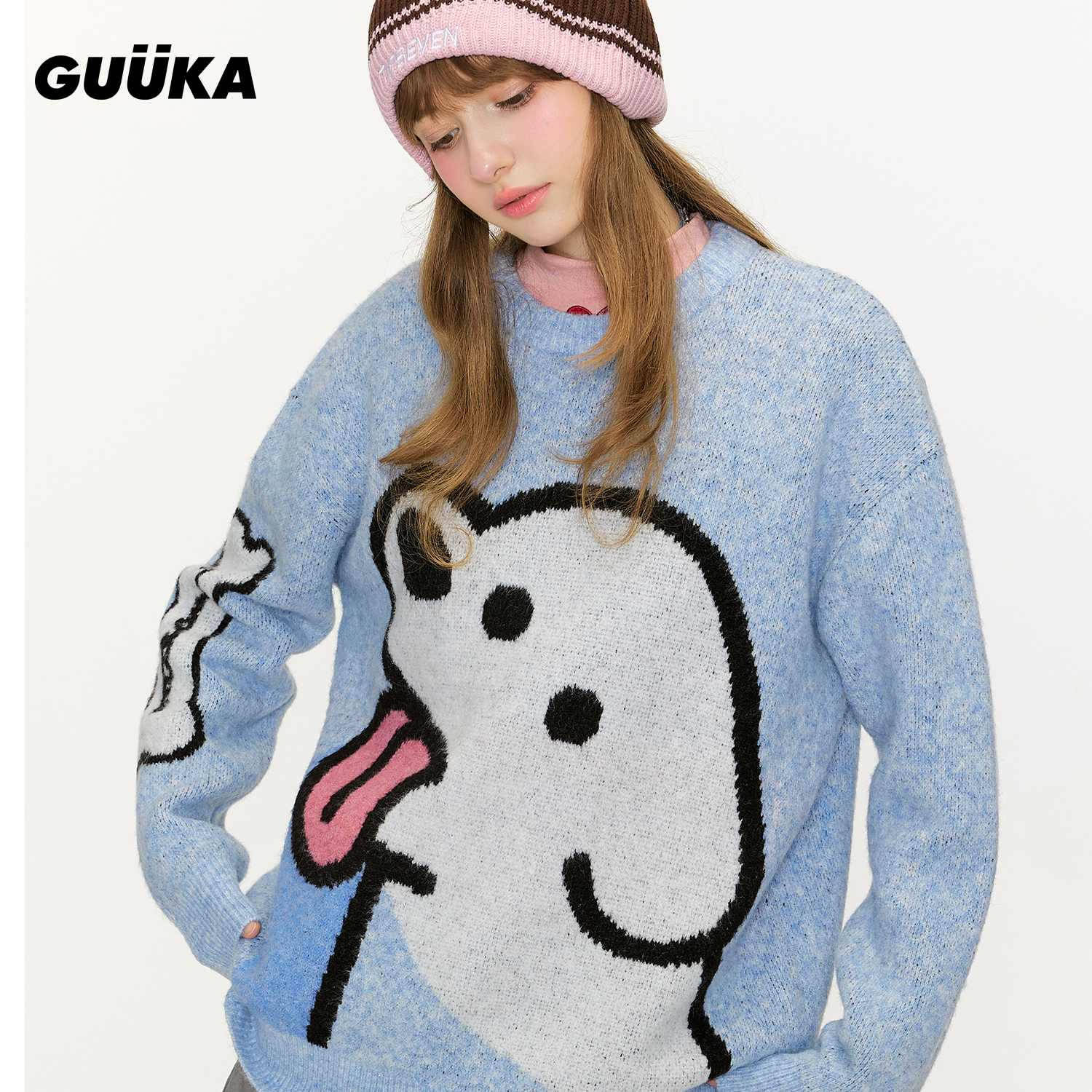 GUUKA落肩圆领绵羊毛针织衫