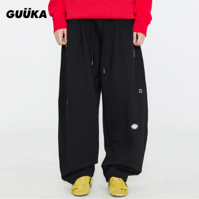 古由卡潮黑色民族风刺绣加绒卫裤