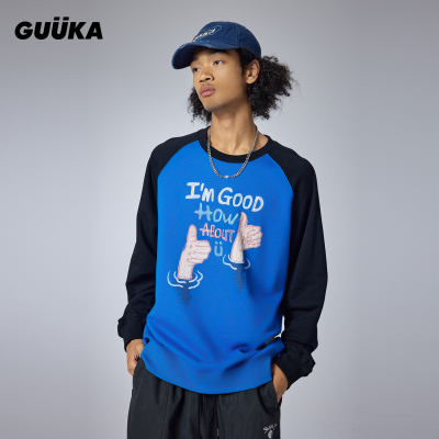 GUUKA美式复古刺绣圆领上衣宽松 撞色拼接插肩袖卫衣男重磅纯棉潮