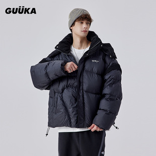 潮 拼接加厚外套寬松 GUUKA黑色可拆卸連帽羽絨服男冬季 徐振軒同款