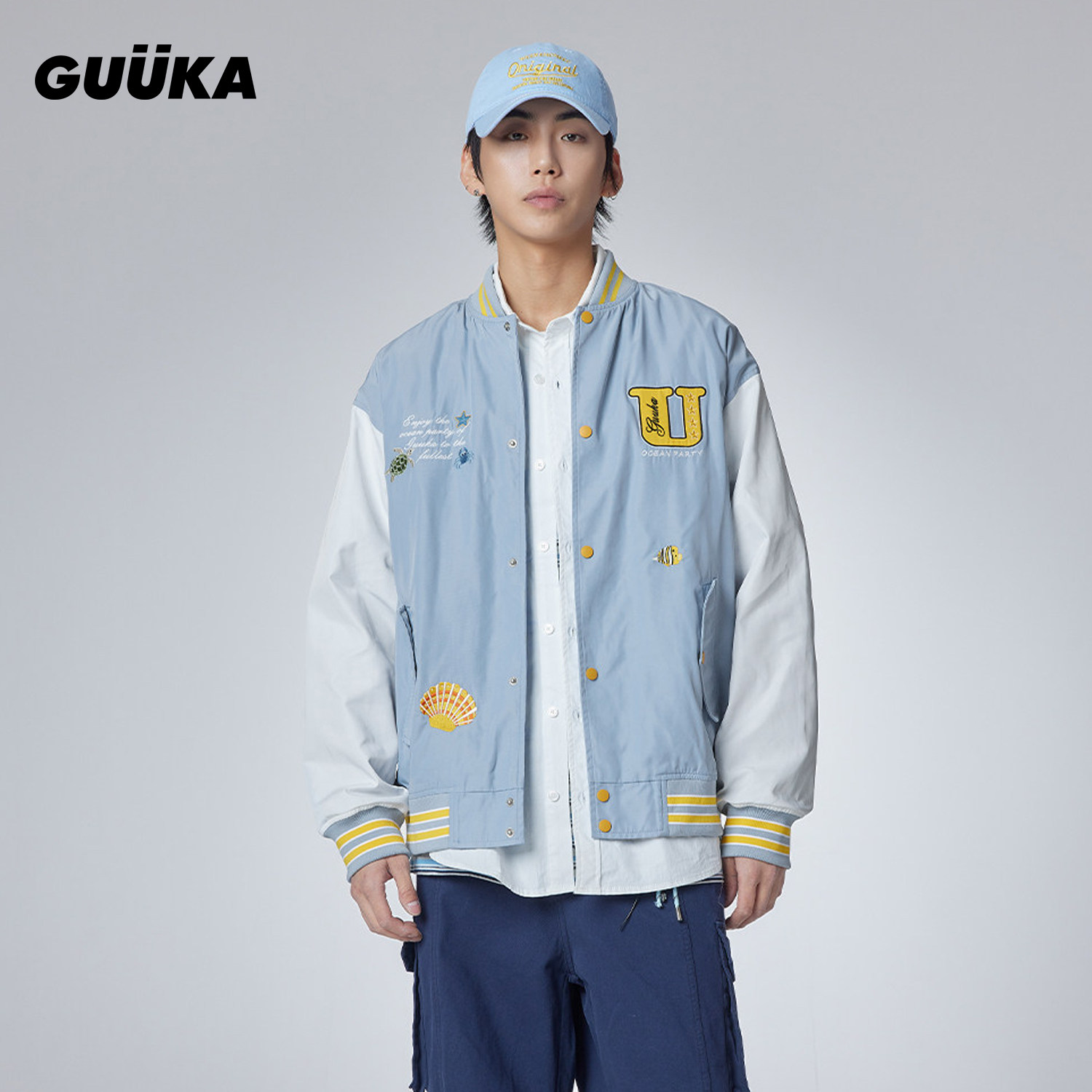 GUUKA潮贝壳刺绣落肩外套宽松 蓝色拼接美式夹克棒球服男春季新款,男装,棒球夹克,淘宝优惠券,粉丝福利购,淘宝优惠卷
