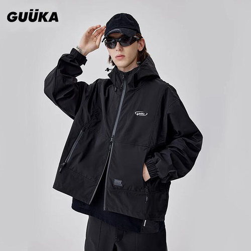 【户外系列】GUUKA黑色连帽风衣外套男 山系防水双拉链冲锋衣宽松