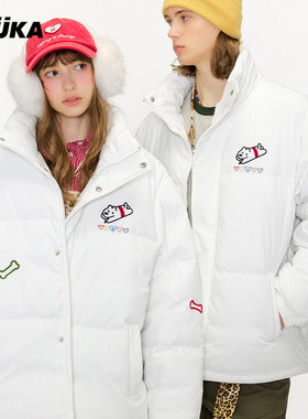 GUUKA灯芯绒立领棉衣正肩外套 matsui联名白色小狗刺绣冬季棉服男