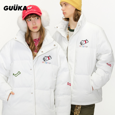 GUUKA灯芯绒立领棉衣正肩外套 matsui联名白色小狗刺绣冬季棉服男