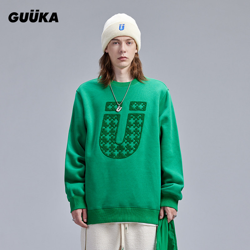 GUUKA潮牌加绒加厚卫衣男生情侣美式复古大U毛巾绣上衣宽松