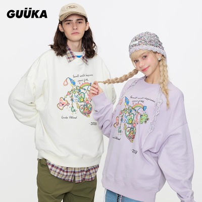 李羽桐同款GUUKA潮牌重磅圆领卫衣男纯棉新款春 情侣印花上衣宽松