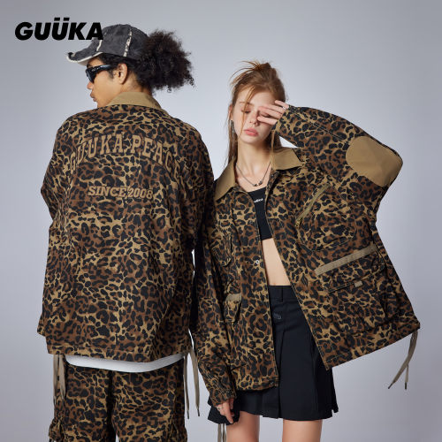 GUUKA潮牌美式高街豹纹外套男秋季新款 高级感多口袋工装夹克宽松