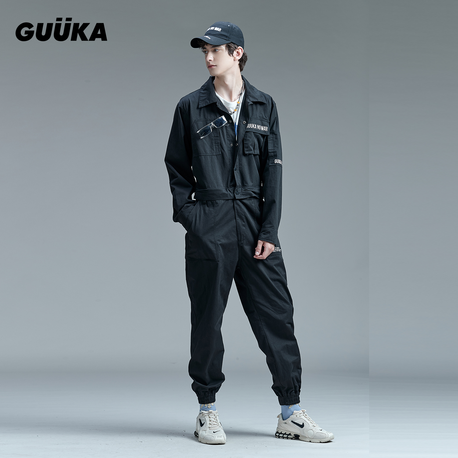 GUUKA秋新款可拆分连体衣运动套装宽松 黑色嘻哈长袖工装连体裤男