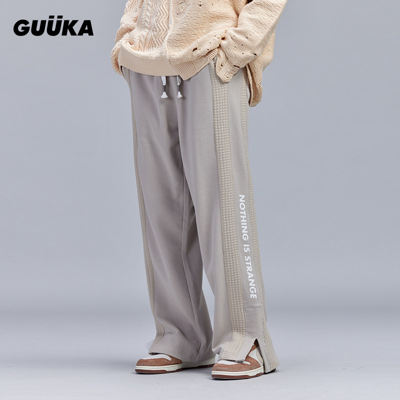GUUKA浅灰色卫裤男开衩裤脚潮 情侣嘻哈百方格拼接直筒裤运动宽松图片