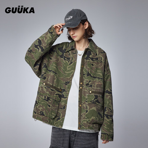 GUUKA美式工装夹克男春季新款方领上衣潮 青少年迷彩痞帅外套宽松