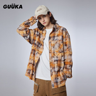复古怀旧毛边情侣衬衣外套宽松 男痞帅新款 GUUKA晕染格子长袖 衬衫