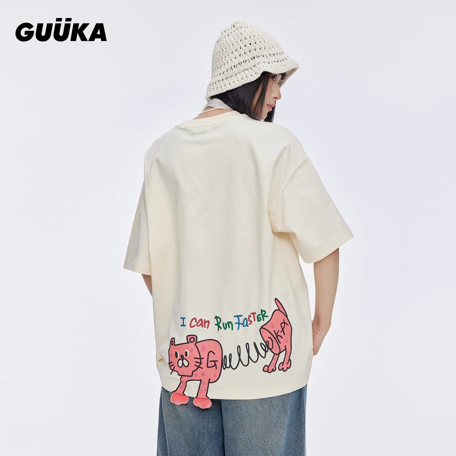 陈浚铭同款GUUKA刺绣半袖设计感上衣宽松奶黄色弹簧豹落肩短袖T恤