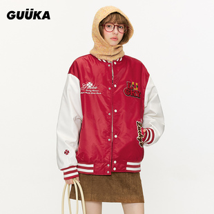 GUUKA潮牌冬季拼接PU皮落肩棉衣 美式刺绣红色棒球服外套女款棉服
