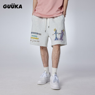 运动宽松 青少年街头嘻哈五分裤 GUUKA潮牌花灰色重磅短裤 男夏季