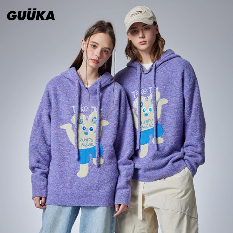 GUUKA情侣抽象插画针织衫女宽松 潮牌紫色连帽毛衣男冬季加厚卫衣
