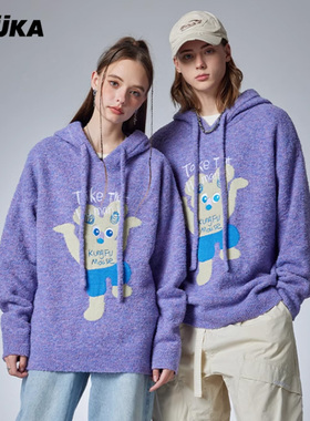 方书剑同款GUUKA情侣抽象插画针织衫女宽松紫色连帽毛衣加厚卫衣