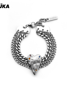 GUUKA情侣爱心手链女新款潮 轻奢小众精致手饰不锈钢简约古巴链男