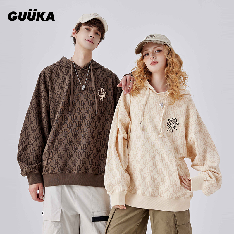 GUUKA潮牌深咖色满印卫衣男美式连帽秋新款 情侣复古时尚帽衫宽松