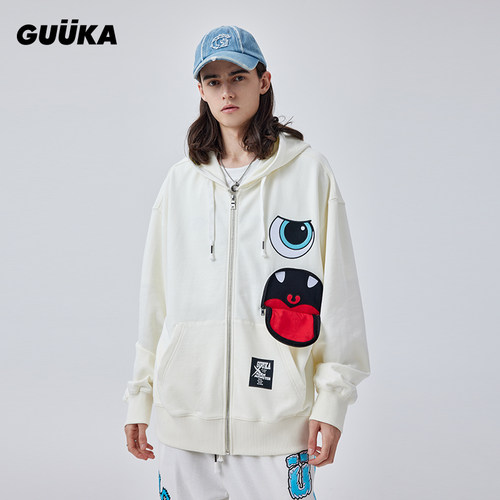GUUKA奶白色开衫连帽卫衣男纯棉潮 嘻哈小怪兽蝙蝠袖针织外套宽松