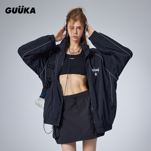 GUUKA情侣户外轻薄哥特字体夹克宽松 黑色立领外套女2026春季新款
