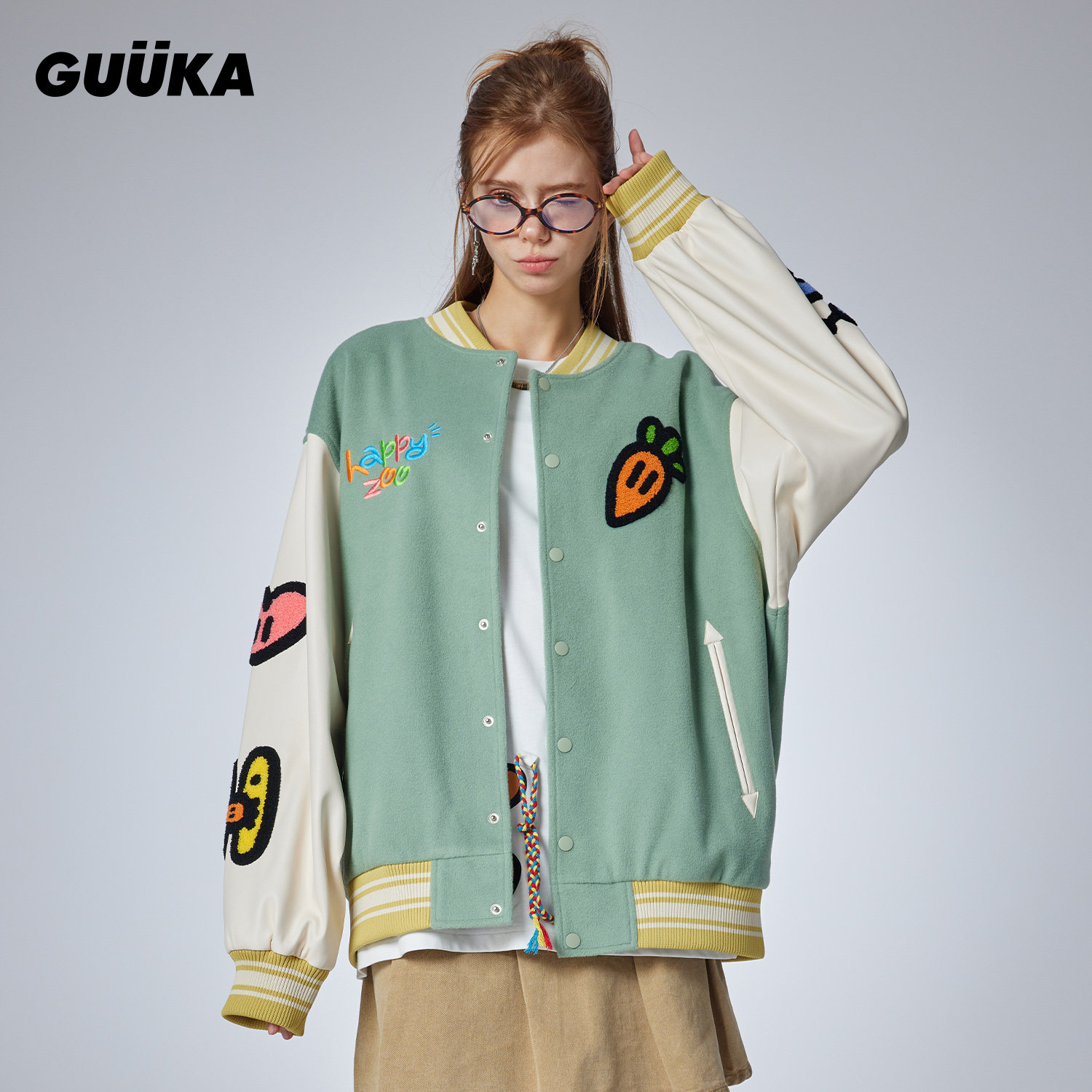 GUUKA美式棒球服PU皮拼接夹克宽松 Agaho联名浅绿兔子秋季外套女,女装/女士精品,短外套,淘宝优惠券,粉丝福利购,淘宝优惠卷