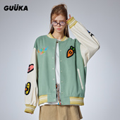 Agaho联名浅绿兔子秋季 GUUKA美式 棒球服PU皮拼接夹克宽松 外套女