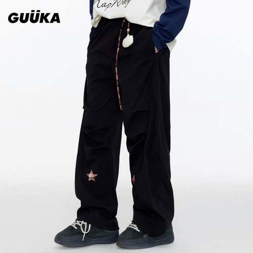 GUUKA星星刺绣廓形裤子宽松阔腿裤 潮牌黑色猫咪抽绳收褶弯刀裤男