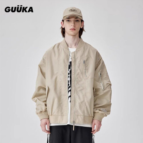 GUUKA浅杏色飞行员夹克男插袋 侯明昊同款坏学生刺绣外套潮牌宽松