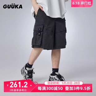 新款 美式 短裤 复古做旧大口袋五分裤 宽松 男夏季 GUUKA潮牌廓形工装