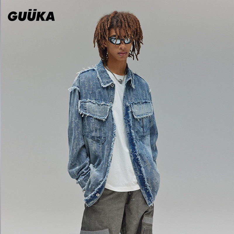 GUUKA磨破做旧外套宽松  LAB废土风浅蓝色磨破牛仔衬衫男春秋季款