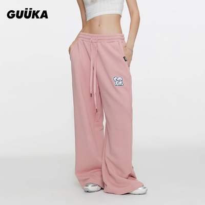 聂玮辰同款GUUKA松弛感卫裤排扣长裤宽松 matsui联名小狗粉色裤女