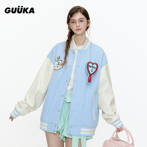 GUUKA潮牌刺绣棒球服女新款 爱心魔术贴夹克拼接PU皮落肩外套宽松