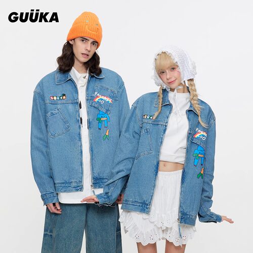 邢昭林同款GUUKA美式水洗牛仔夹克男 青少年彩虹兔子印花正肩外套
