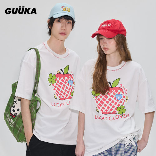 GUUKA童趣爱心刺绣重磅T恤男