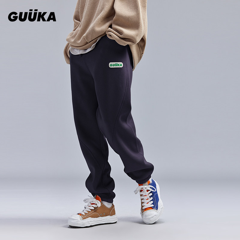 GUUKA潮牌黑色卫裤男秋冬加绒加厚 情侣嘻哈直筒束脚裤子运动宽松