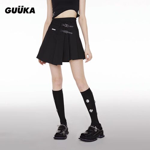 GUUKA黑色皮扣高腰百褶短裙