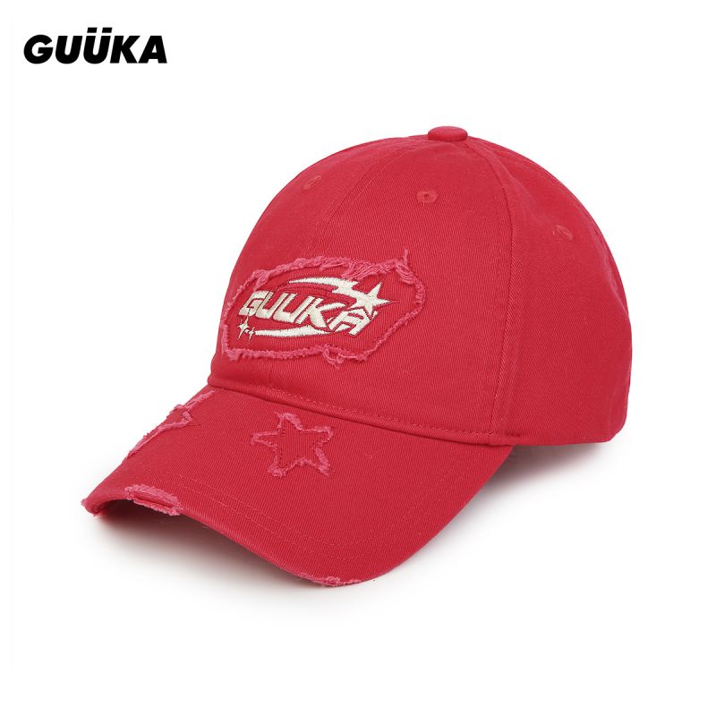 GUUKA潮牌红色棒球帽做旧磨破 休闲百搭大头围鸭舌帽遮阳防晒帽子