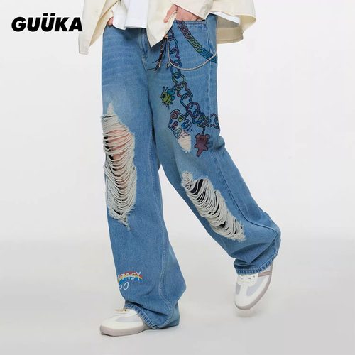 GUUKA高街直筒裤吊链印花阔腿裤宽松 潮牌美式磨破牛仔裤男款春季