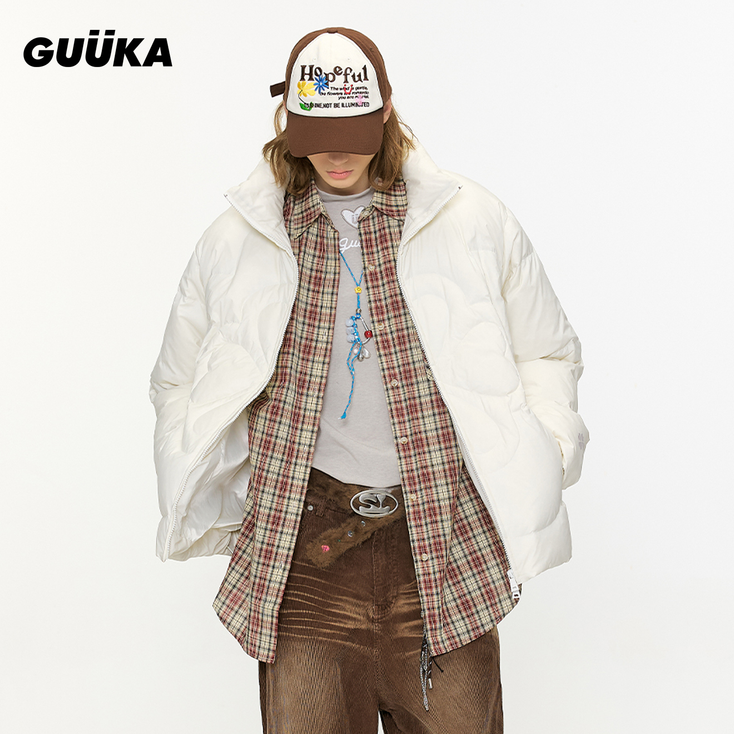 GUUKA潮牌立体四叶草半高领外套正肩 90白鸭绒白色羽绒服男青少年