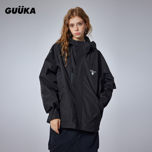 GUUKA潮牌情侣户外登山防水夹克男宽松 宽帽檐冲锋外套女秋季新款