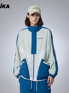 周钰翔同款GUUKA潮牌蓝色半高领夹克男撞色外套 校服运动套装宽松