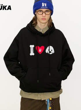 GUUKA加绒爱心连帽衫落肩上衣 matsui联名白色小狗青少年卫衣男生