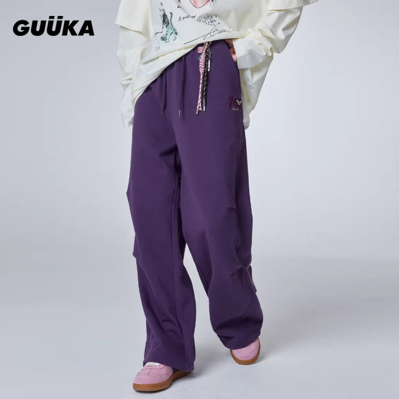 GUUKA收褶裤子重磅纯棉堆堆阔腿裤 潮牌深紫色小熊刺绣直筒卫裤女,女装/女士精品,卫裤,淘宝优惠券,粉丝福利购,淘宝优惠卷